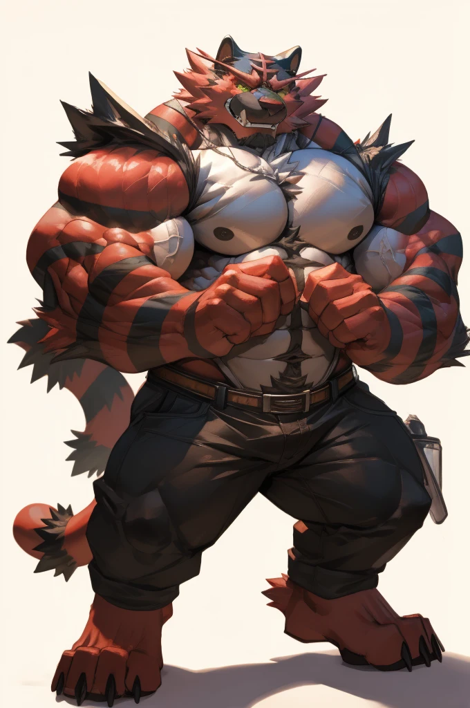 Lindong, zoroj, echin
 1boy, 1man, solo, a (furry incineroar) standing, (face, detailed face, glasses), white background , front view, massive muscular , sixpack, (white tanktop and black pants), well-muscled old man. ((thick arms, huge pec, huge arms)), wide smiling. Add textures and details to make the image more realistic, such as the appearance of the. Make sure the resulting image is high resolution, 8K quality