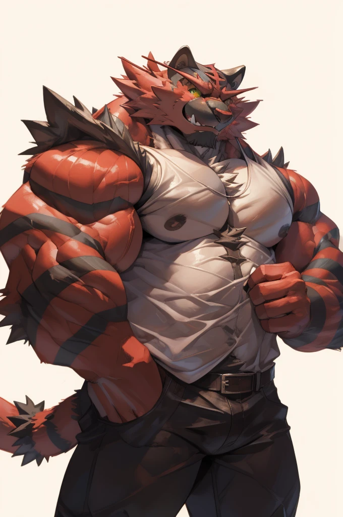 Lindong, zoroj, echin
 1boy, 1man, solo, a (furry incineroar) standing, (face, detailed face, glasses), white background , front view, massive muscular , sixpack, (white tanktop and black pants), well-muscled old man. ((thick arms, huge pec, huge arms)), wide smiling. Add textures and details to make the image more realistic, such as the appearance of the. Make sure the resulting image is high resolution, 8K quality