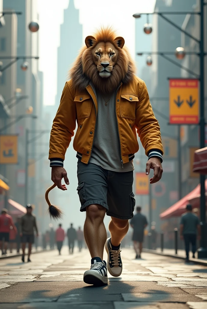 ((foto crua)), ((obra-prima)), Anthropomorphic humanoid lion wearing streetwear clothes, andando entre as pessoas, detalhe intrincado, intricate Greebles pieces, city behind, sneaker, corpo musculoso, muscular arms, small head, Ogro monstruoso, Titan, soft-lighting, hiper realista