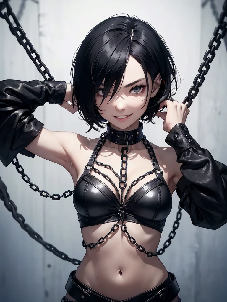 1 woman, short black hair, evil wide smile, with scars, chains wrapped around her arms, holding 2 blades in her hands