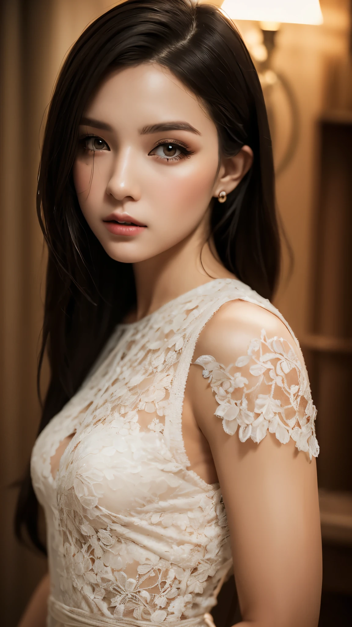 Female Adventurer, whole body, Game Art Style, (masterpiece),  Highest quality, High resolution, 4K, 8k, Detail View, Intricate details, Cinema Lighting, Great quality, 1 person、Elegant red and white lace style dress、A red and white line dress made of intricate and artistic lace、Pretty dress、Super Luxury Dresses、Beautiful black hair, Great Shade, Soft lighting, To the camera, Perfect Eyes