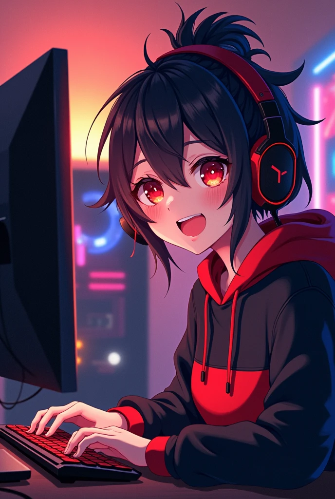 Light skin anime girl, crimson red eyes, messy black and red hair, with a smile, a black and red sweatshirt, gaming headsets and playing on your gaming PC