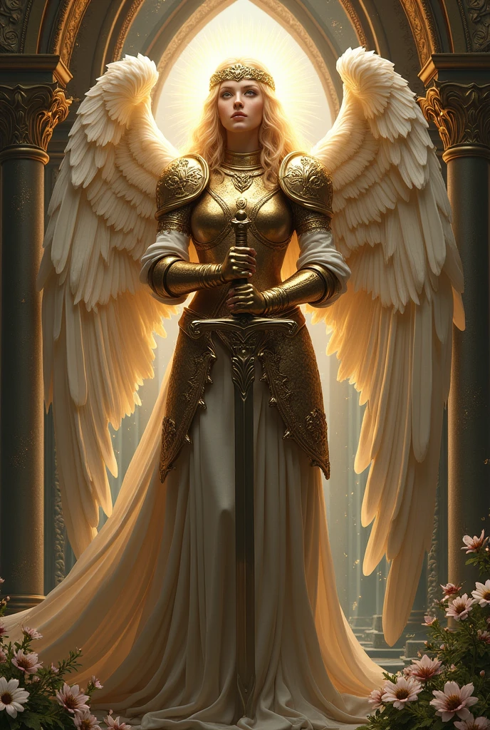 Beautiful, gorgeous and hyperrealistic (Angel Guardian dressed as a medieval warrior, full body. In traditional catholic art style) by Jean- Baptiste Monge, Unreal Engine, Greg Rutkowski, Loish, Rhads, Beeple, Makoto Shinkai, and Lois van Baarle, Ilya Kuvshinov, Rossdraws, Tom Bagshaw, Alphonse Mucha, global illumination, detailed and intricate environment