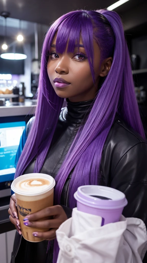 Futuristic Girl,
（ Dark Skin:1.8 ), Purple eyes, space, Purple Hair, Blue Hair, Pink Hair, Long Hair, Dark Skin, Futuristic Coffee Shop