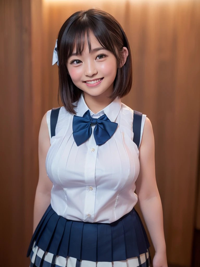 (Highest quality:1.5)、(masterpiece:1.5)、(8k:1.5)、(Big Breasts:1.35)、(Sleeveless white business shirt:1.5)、(Very short pleated skirt in dark blue color:1.5)、(Red bow tie:1.3)、(Schoolgirl uniform:1.5)、(Chubby:1.3)、(Blushing:1.5)、(Feeling embarrassed:1.5)、(smile:1.5)、(The background is the hotel:1.7)、whole body、Hotel Bed