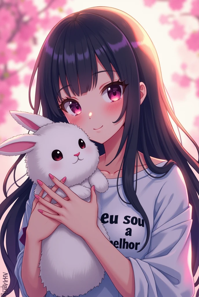 a female anime with long black hair, pink details, holding a white and fluffy rabbit, em português BR Write na blusa eu sou a melhor, and below I am the best, Write @manulinda