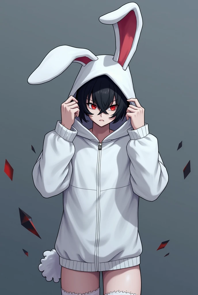 Sexy Man with black wavy hair, Covering your red eyes in a white bunny outfit with big thighs in stockings