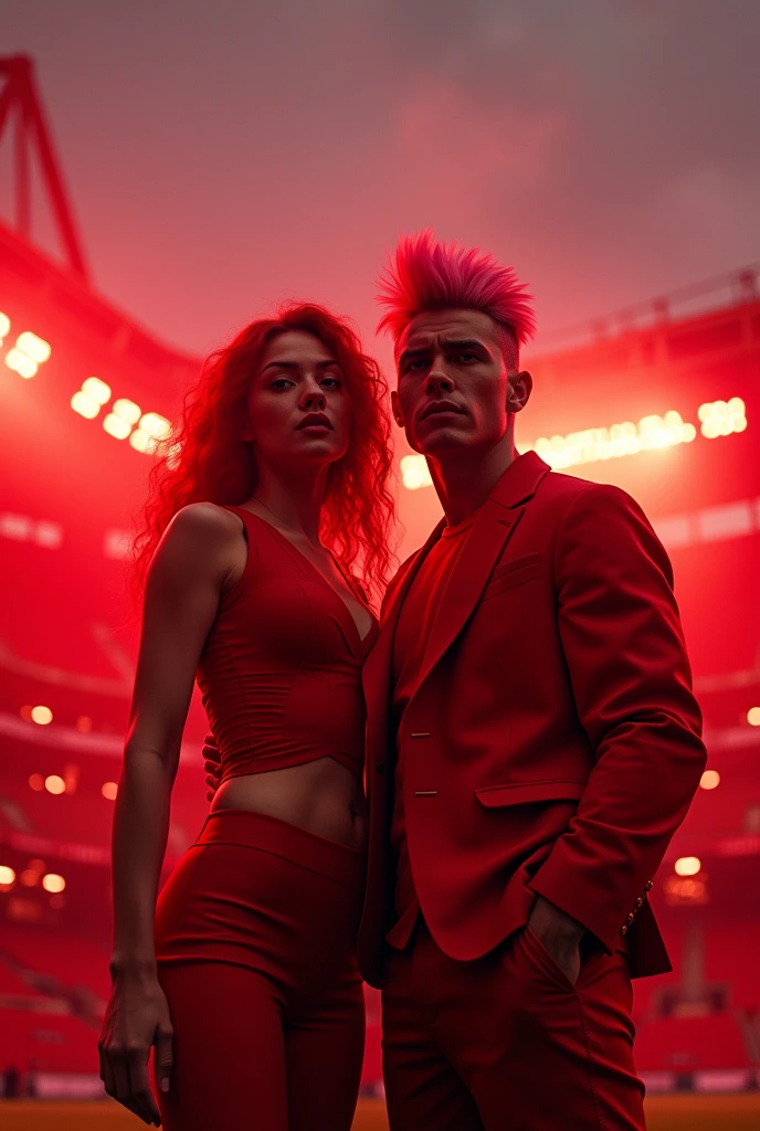 redhead woman with a man with pink hair,in a stadium with red lights and red clothes