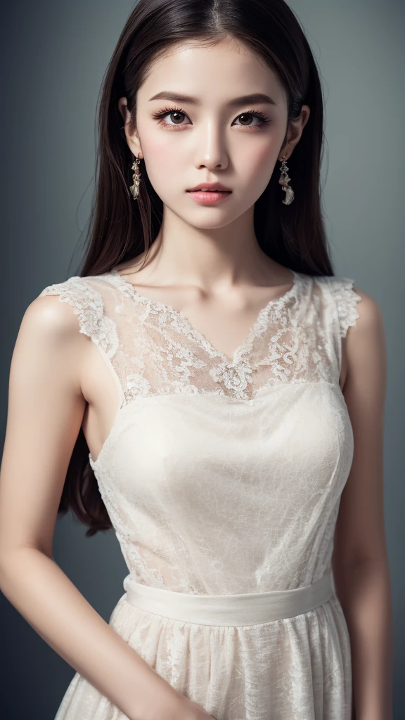 Female Adventurer, whole body, Game Art Style, (masterpiece),  Highest quality, High resolution, 4K, 8k, Detail View, Intricate details, Cinema Lighting, Great quality, 1 person、Elegant red and white lace style dress、A red and white line dress made of intricate and artistic lace、Pretty dress、Super Luxury Dresses、Beautiful black hair, Great Shade, Soft lighting, To the camera, Perfect Eyes