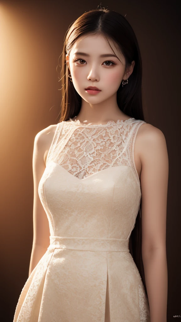 Female Adventurer, whole body, Game Art Style, (masterpiece),  Highest quality, High resolution, 4K, 8k, Detail View, Intricate details, Cinema Lighting, Great quality, 1 person、Elegant red and white lace style dress、A red and white line dress made of intricate and artistic lace、Pretty dress、Super Luxury Dresses、Beautiful black hair, Great Shade, Soft lighting, To the camera, Perfect Eyes