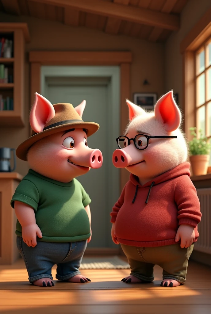 A cool modern adult pig green t-shirt jeans brown hat scared , talking to brother another adult pig red shirt brown pants glasses intellectual inside a wooden house .