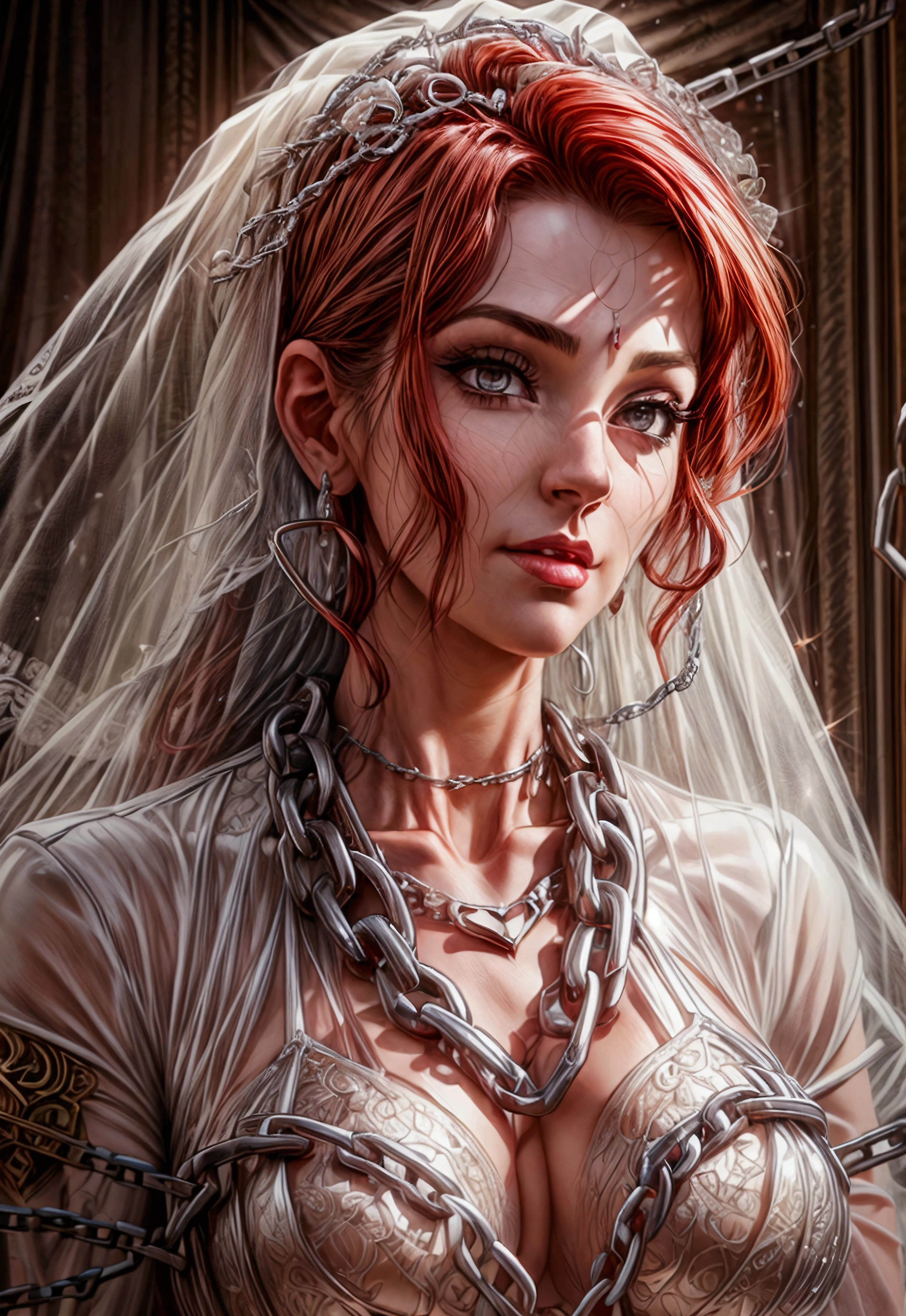 a comic art, Julie Bell art of a groom held by ((radiant chains: 1.2)), in his wedding day and his bride, a handsome groom, wearing suit and tie, BREAK AND a beautiful, sexy bride, busty bride, wearing white lace wedding dress, the chain holds the groom, with chains, the chain forms the shape of red glowing heart, cinematic light, High Detail, Ultra High Quality, High Resolution, 16K Resolution, Ultra HD Pictures, Ultra Realistic, Clear Details, Realistic Detail, Ultra High Definition, rpg portrait, chain leash, Comistyle