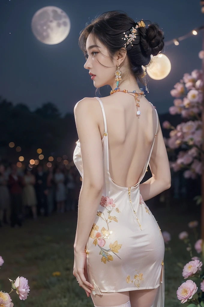 (((best quality))),(((ultra detailed))),(((masterpiece))),illustration,((1 girl,solo)),(neat chignon:1.2),(beautiful face:1.3),((earrings,crystal necklace)),((slim,thin)),((bare back,towering hips,butt crack)),(stockings:1.3),(a moon in the clear night sky as the background:1.3), gentle glow,(Standing in the world full of vibrant flowers:1.3),(gorgeous sheer Chinese dress:1.3),sparkling eyes,graceful,(surrounded by crowded colorful flowers:1.5), kaleidoscope, shimmer,bright moonlight, delicate petals, fragrance, otherworldly, magical realm, enchantment, tranquility, essence of beauty, peace,(outdoor:1.2),(night scene:1.3),((from back,upper body))
