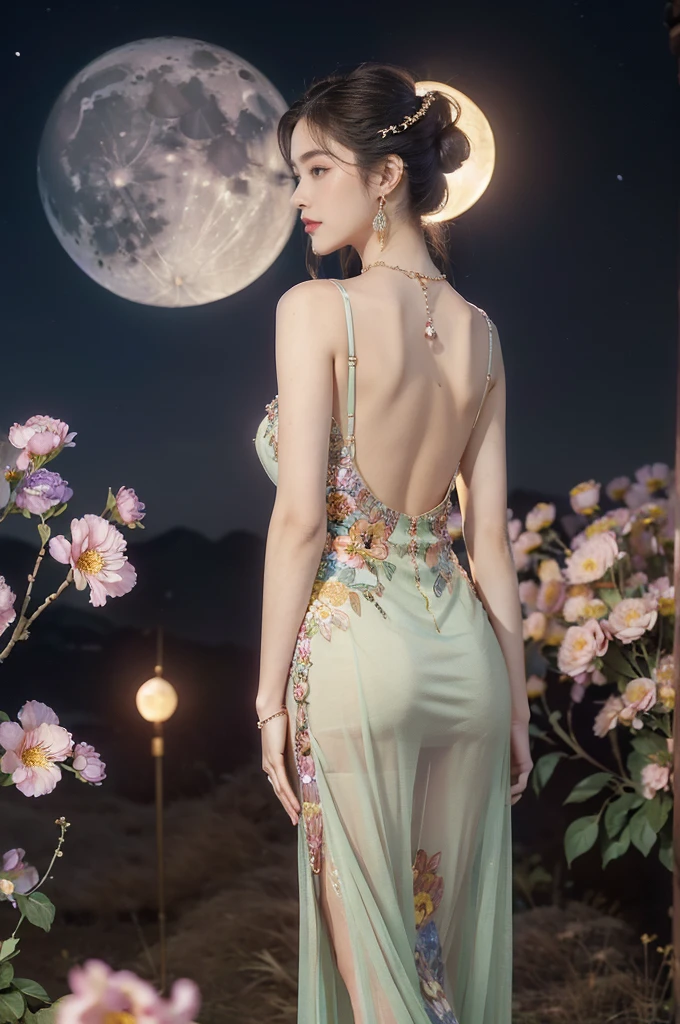 (((best quality))),(((ultra detailed))),(((masterpiece))),illustration,((1 girl,solo)),(neat chignon:1.2),(beautiful face:1.3),((earrings,crystal necklace)),((slim,thin)),((bare back,towering hips,butt crack)),(stockings:1.3),(a moon in the clear night sky as the background:1.3), gentle glow,(Standing in the world full of vibrant flowers:1.3),(gorgeous sheer Chinese dress:1.3),sparkling eyes,graceful,(surrounded by crowded colorful flowers:1.5), kaleidoscope, shimmer,bright moonlight, delicate petals, fragrance, otherworldly, magical realm, enchantment, tranquility, essence of beauty, peace,(outdoor:1.2),(night scene:1.3),((from back,upper body))