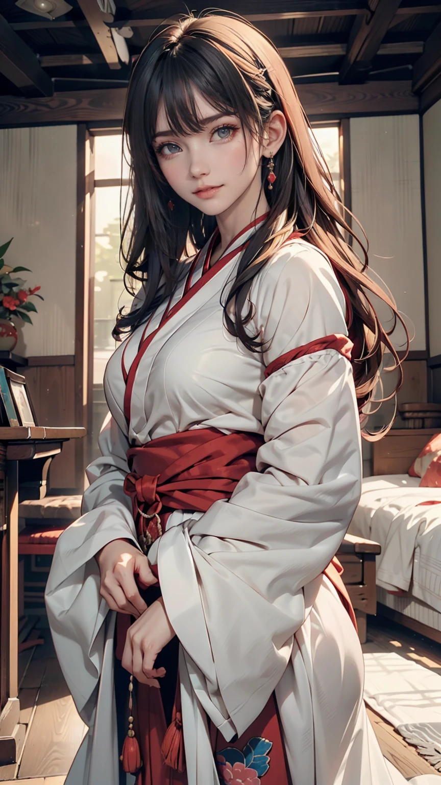(1 person:1.2), alone, Hime Cut,Traditional clothing of Japan, Red eyes,cartoon style, Joe Fenton, Expressionless black and white photo, camp, Undeserved, Bite, envy, Gust (Lovecraft),Calm, A kind smile, Wayne Barlow,, in gochuumon wa usagi desu ka? style, nostalgic