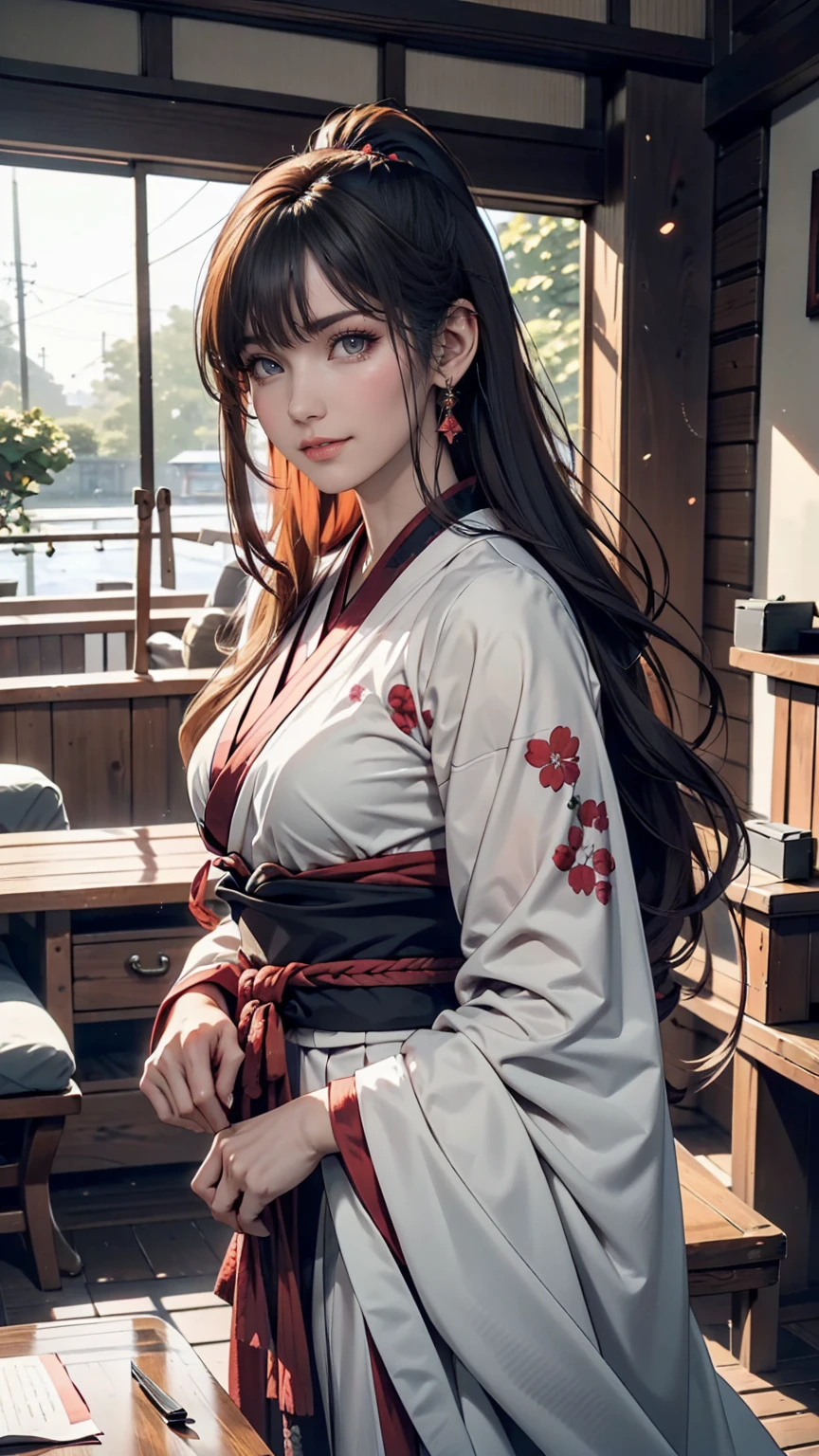 (1 person:1.2), alone, Hime Cut,Traditional clothing of Japan, Red eyes,cartoon style, Joe Fenton, Expressionless black and white photo, camp, Undeserved, Bite, envy, Gust (Lovecraft),Calm, A kind smile, Wayne Barlow,, in gochuumon wa usagi desu ka? style, nostalgic