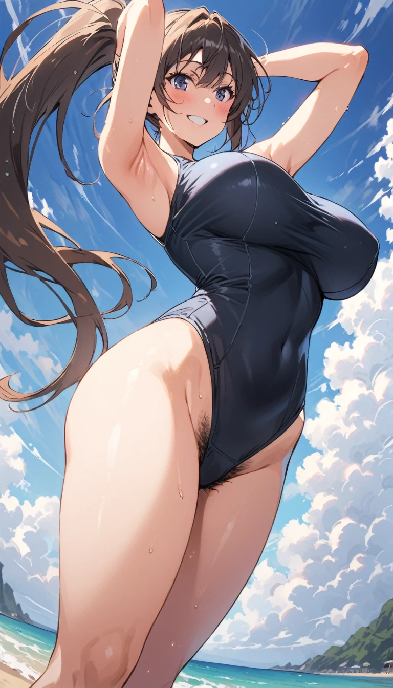 high school girl beauty ponytail smile Embarrassing blush School Swimsuit Big Breasts Armpits Hands on hips pubic hair Beach Photograph the whole body Shooting from below