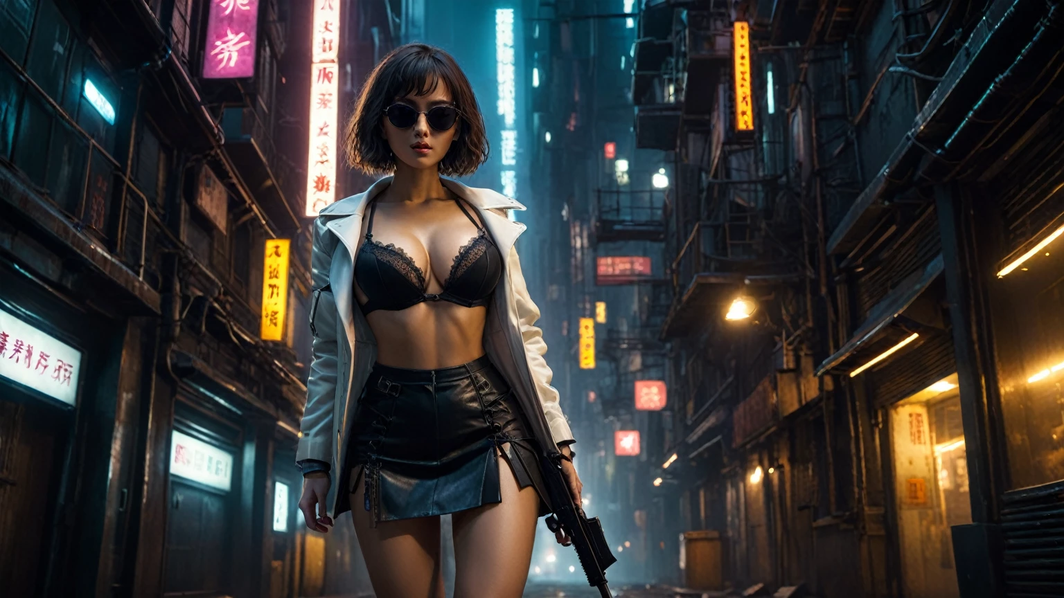 Blade Runner inspired surreal dark cyberpunk city alley as background, (low angle view), at dark night. (1girl, solo, alone), medium-breast slim:0.6 body, oval:0.5 face, cleavage:1.1, sexy black laced bra, miniskirt, white laced panty, coat, (black micro sunglasses), (holding a short gun), (slightly leaning forward running pose), half-body thigh level medium shot, cinematic lighting, ray tracing.