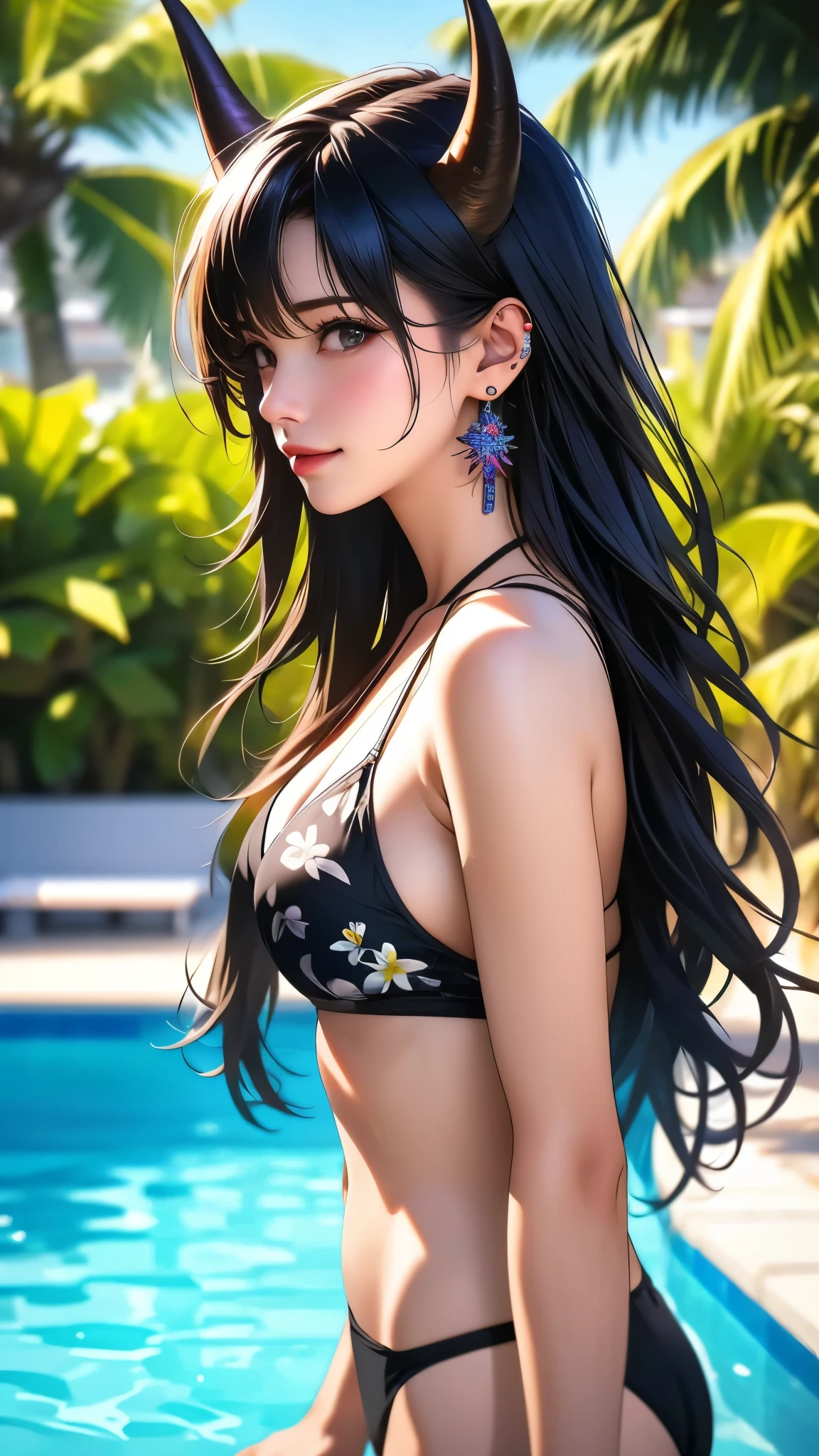 1girl, palm tree, horns, earrings, jewelry, breasts, swimsuit, looking at viewer, pool, long hair, solo, smile, bikini, palm leaf, water, floral print, branch, black hair, bangs, ocean, bare shoulders, beach, upper body, poolside, tree, outdoors, cleavage, black bikini, medium breasts, ear piercing, from side, blurry background, blurry foreground, depth of field, (best quality,4k,8k,highres,masterpiece:1.2),ultra-detailed,(realistic,photorealistic,photo-realistic:1.37)