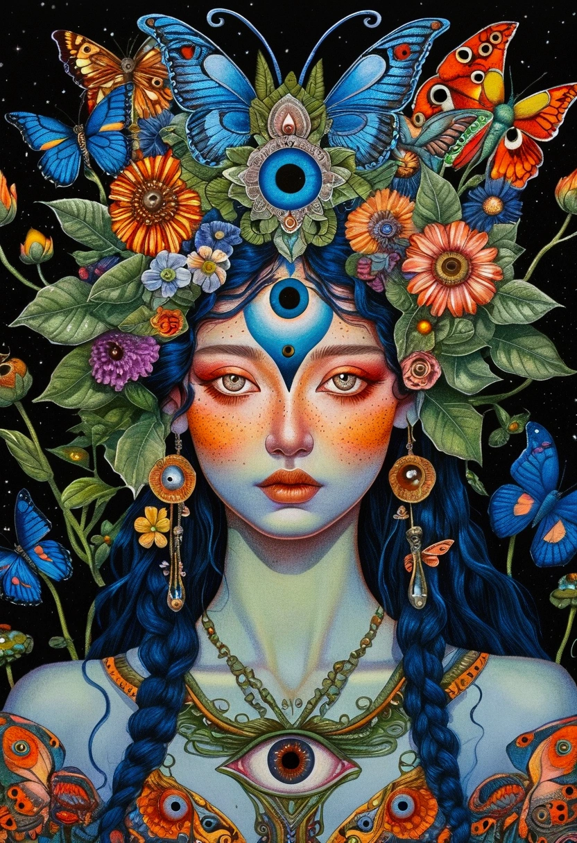 a painting of a woman with a flower head and a butterfly, highly detailed visionary art, third eye, visionary art style, visionary art, psychedelic goddess, psychedelic illustration, third - eye visions, art deco flower shaman, 3rd eye, psychedelic organic cyborg, hyper - detailed visionary art, visionary painting, hyper detailed visionary art, intricate artwork. neon eyes