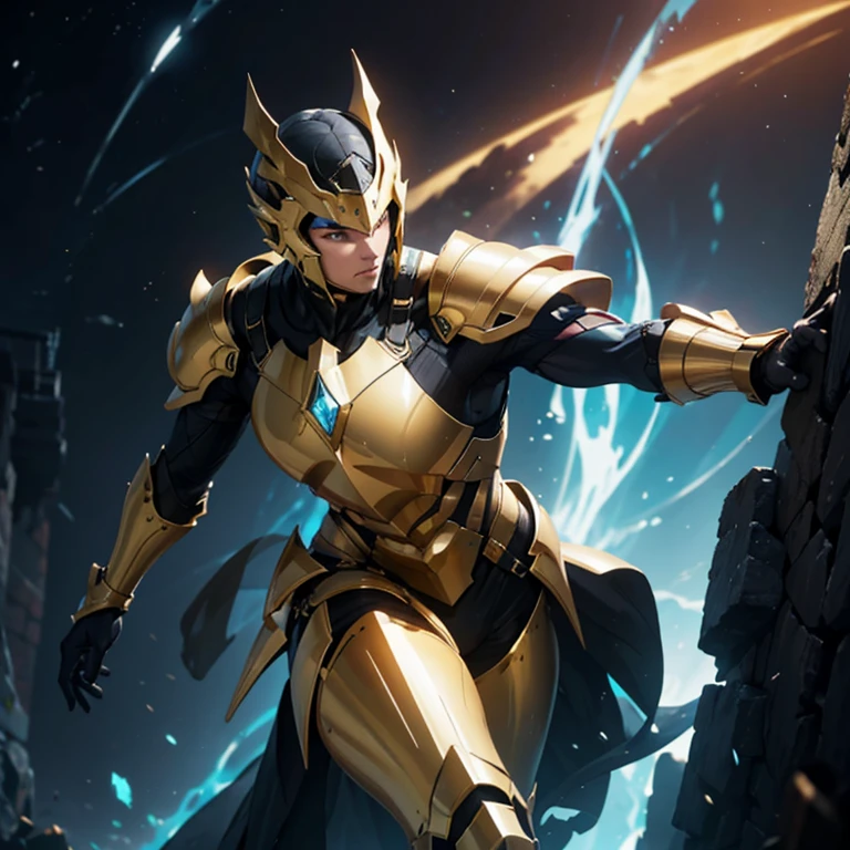 É homem. The image presents a highly detailed and futuristic armor designed for a male warrior. The armor combines elements from different parts to create a cohesive and powerful look.

Helmet: The helmet features a sleek, aerodynamic design with a golden metallic finish. It has a central crest that rises upwards, and the visor glows with a bright blue light, giving it a high-tech, futuristic appearance.

Pauldrons (Shoulder Pads): The shoulder pads are large and wing-like, curving outward and upward, with a polished golden finish. These pads extend slightly beyond the shoulders and include a sleek, angular design, providing both a majestic and powerful look.

Chest Plate: The chest plate is intricately segmented, with a combination of gold and dark metallic blue. It has a gem-like crystal in the center that emits a soft, mystical glow. The design of the chest plate is both protective and regal, with sharp, angular lines that add to the overall futuristic aesthetic.

Arm Guards: The arm guards are sleek and streamlined, with articulated golden and purple segments that offer flexibility and protection. The design of the gauntlets is both robust and elegant, incorporating futuristic elements that blend with the classic style.

Leg Armor: The legs are armored with segmented plates that are primarily gold and purple. The boots are angular and sturdy, with a design that conveys both strength and agility. The overall look of the leg armor is grounded yet sleek, completing the ensemble with a powerful stance.

The background of the image is a dark cosmic scene, filled with distant stars and nebulae that highlight the polished surfaces of the armor. Dynamic lighting is used to emphasize the key features, particularly the glowing visor and central chest gem, reinforcing the mystical and imposing nature of the warrior.