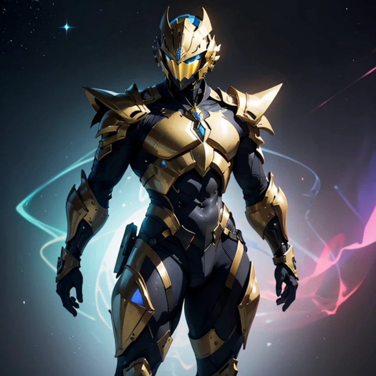 É homem. The image presents a highly detailed and futuristic armor designed for a male warrior. The armor combines elements from different parts to create a cohesive and powerful look.
Helmet: The helmet features a sleek, aerodynamic design with a golden metallic finish. It has a central crest that rises upwards, and the visor glows with a bright blue light, giving it a high-tech, futuristic appearance.
Pauldrons (Shoulder Pads): The shoulder pads are large and wing-like, curving outward and upward, with a polished golden finish. These pads extend slightly beyond the shoulders and include a sleek, angular design, providing both a majestic and powerful look.
Chest Plate: The chest plate is intricately segmented, with a combination of gold and dark metallic blue. It has a gem-like crystal in the center that emits a soft, mystical glow. The design of the chest plate is both protective and regal, with sharp, angular lines that add to the overall futuristic aesthetic.
Arm Guards: The arm guards are sleek and streamlined, with articulated golden and purple segments that offer flexibility and protection. The design of the gauntlets is both robust and elegant, incorporating futuristic elements that blend with the classic style.
Leg Armor: The legs are armored with segmented plates that are primarily gold and purple. The boots are angular and sturdy, with a design that conveys both strength and agility. The overall look of the leg armor is grounded yet sleek, completing the ensemble with a powerful stance.
The background of the image is a dark cosmic scene, filled with distant stars and nebulae that highlight the polished surfaces of the armor. Dynamic lighting is used to emphasize the key features, particularly the glowing visor and central chest gem, reinforcing the mystical and imposing nature of the warrior.