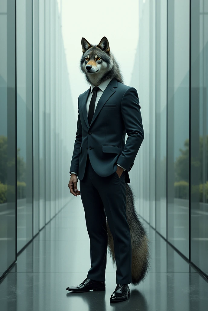 Suited wolf standing in a completely glass place