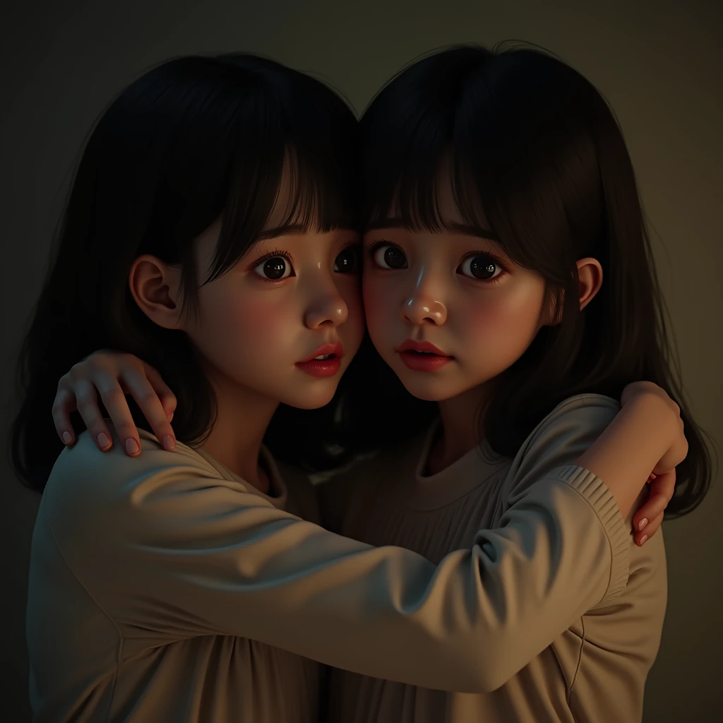two 6-year-olds with dirty clothes, dirt on their faces and arms; Portrait of two girls, American delicate and cute features with a sad look, inside a basement, --auto --s2