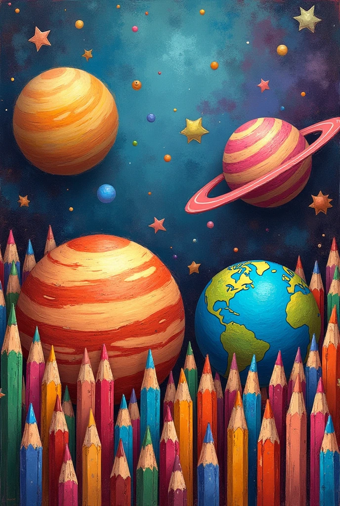 Planets background , with pencils and crayons everywhere , with warm tones and shades drawn in crayon