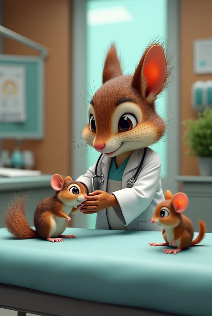 Nurse squirrel treats injured mouse ,luxury hospital , Realistic as real