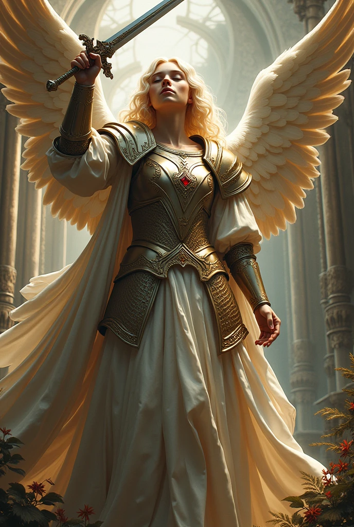 Beautiful, gorgeous and hyperrealistic (Angel Guardian dressed as a medieval warrior, full body, in action. In traditional catholic art style) by Jean- Baptiste Monge, Unreal Engine, Greg Rutkowski, Loish, Rhads, Beeple, Makoto Shinkai, and Lois van Baarle, Ilya Kuvshinov, Rossdraws, Tom Bagshaw, Alphonse Mucha, global illumination, detailed and intricate environment