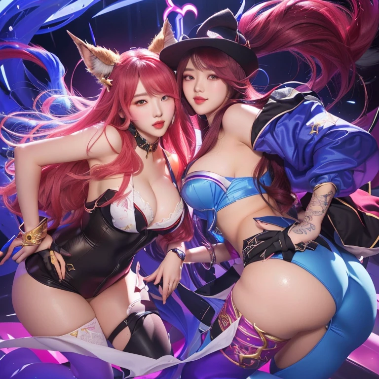 two sexy  girls in lingersuits and hats with horns, wlop and sakimichan, seraphine ahri kda, jazza and rossdraws, extremely detailed artgerm, cutesexyrobutts, wlop and rossdraws, rossdraws and jazza, ahri, nixeu and sakimichan, kda, sfw version