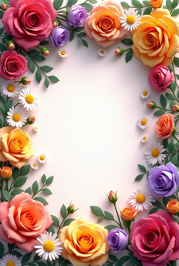 (photorealism:1.2),Many roses of various colors and sizes joined to daisies in a frame with a blank space for a title. The predominant colors are purple, rosewood, yellow, orange and their variants. It should be recharged and a little more messy. Also locate showers, these are very small white roses that give joy.