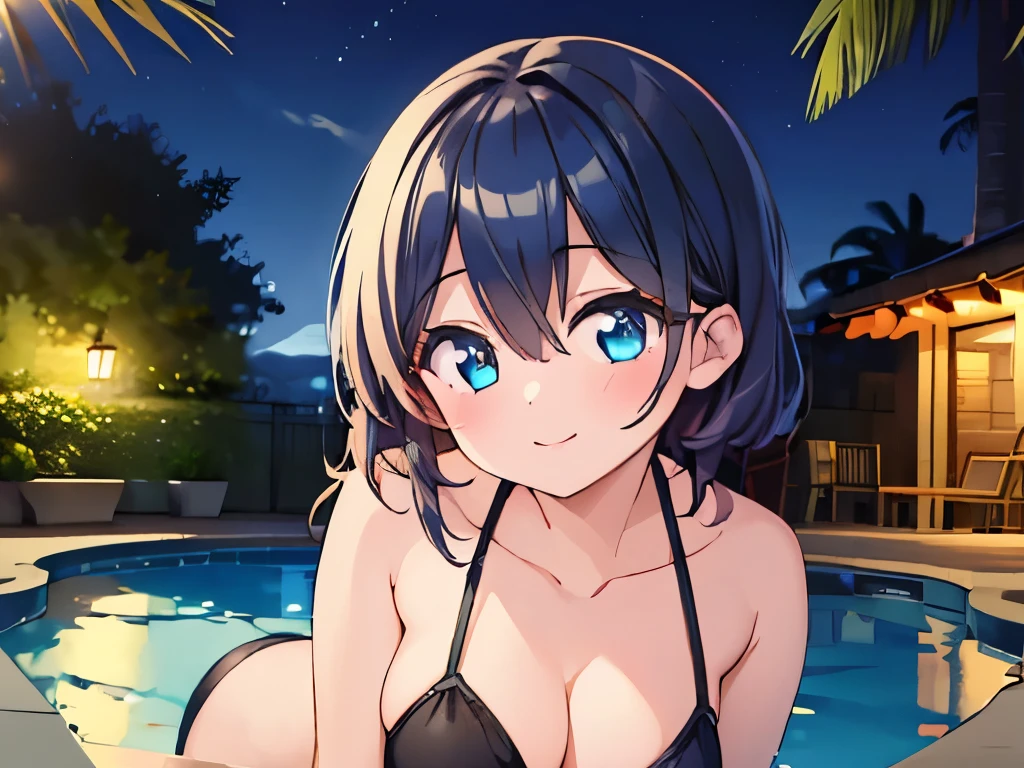 ((masterpiece)), ((best quality)), (ultra-detailed), pool, night, a cute girl, 1girl, solo, bikini, ((beautiful eyes)), smile