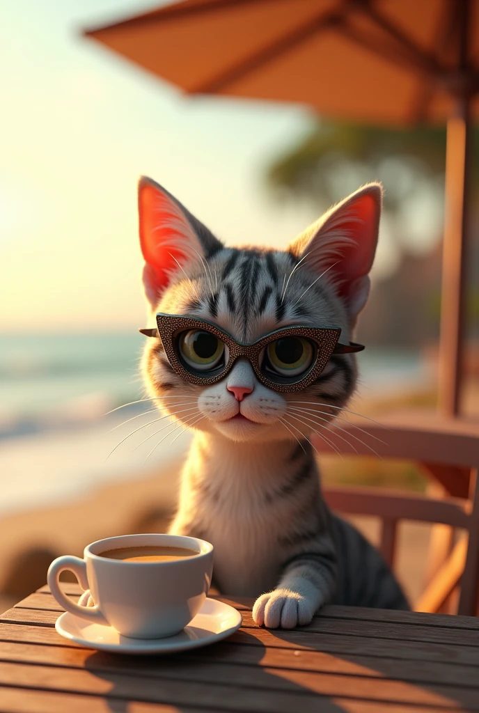 A 3D cat with a mask drinking coffee on the beach