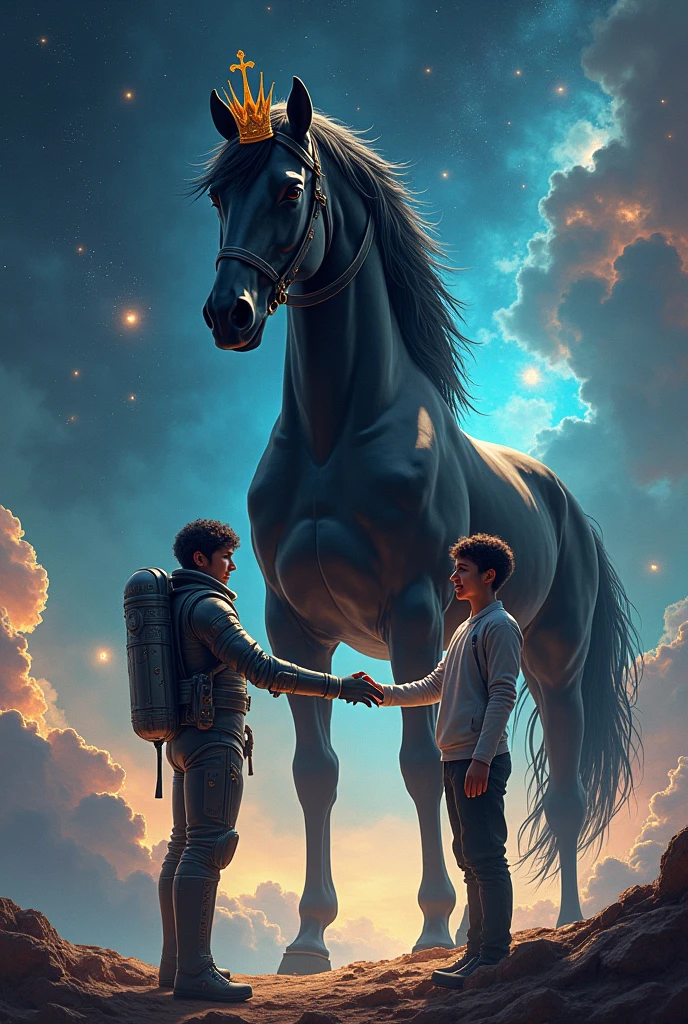 A black horse with a crown on its head and in front of it a man from space shaking hands with his friend from Earth and they look at the camera