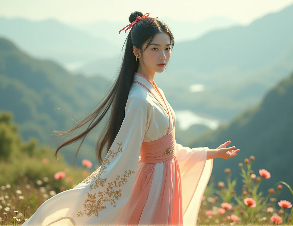 1. South Korea: A delicate, ethereal fairy with long black hair tied with a small red silk ribbon. She wears a modernized traditional hanbok in soft pastel colors, with golden embroidery on the sleeves that depict traditional Korean patterns. Her serene expression reflects her role as the guardian of Korea’s mountains and valleys, radiating a gentle light that heals and protects the natural world.