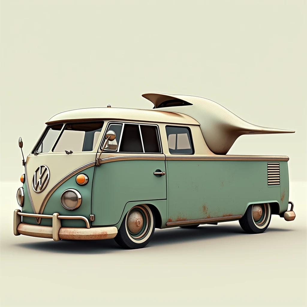 Realistic raw photograph of a vintage 1960s VW van with a pickup-style modification, featuring a small, modern house on the truck bed. The house is designed in the signature style of Zaha Hadid, with sleek, futuristic curves and organic, flowing lines. The structure contrasts with the classic design of the van, creating a unique fusion of retro and modern architecture. The scene is set against a neutral background, highlighting the intricate details of the vehicle and the avant-garde house.