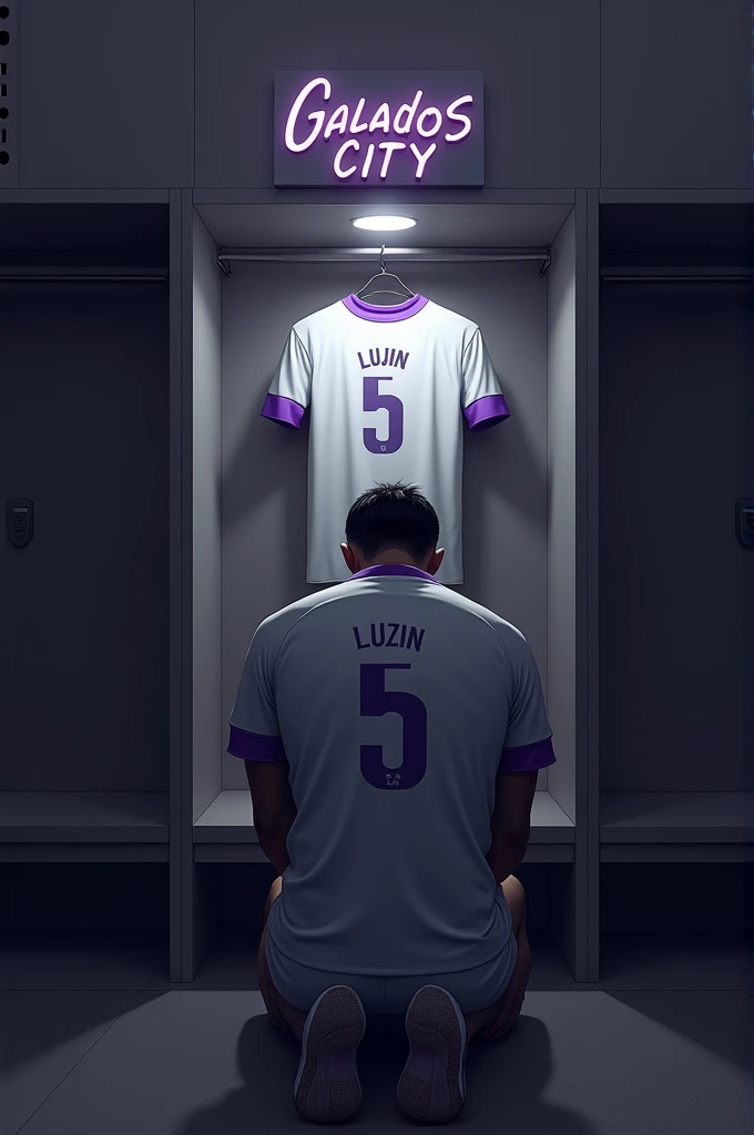 football locker room with a football player's cabin in this cabin there will be a white shirt with purple details (minimalists) on the collar and at the tip of the sleeve the shirt must be showing the back with the name LUIZIN highlighted and the shirt number must be number 5, the cabin at the top must contain the name of the club which is GALADOS CITY, all ambient light must be off, only the light of the sign with the name GALADOS CITY and a low light above the shirt indicating prominence must be on. (The image should be centered and not too far away) and the player with slightly dark skin, short straight black hair and a beard showing that he cares about the current fashion style must be wearing pre-game clothes different from the shirt that is hanging in the locker room, the one he is wearing is gray with purple details on the sleeve and collar of the shirt and on the shorts, the player in the image must be on his knees with his head down (indicating pre-game concentration)