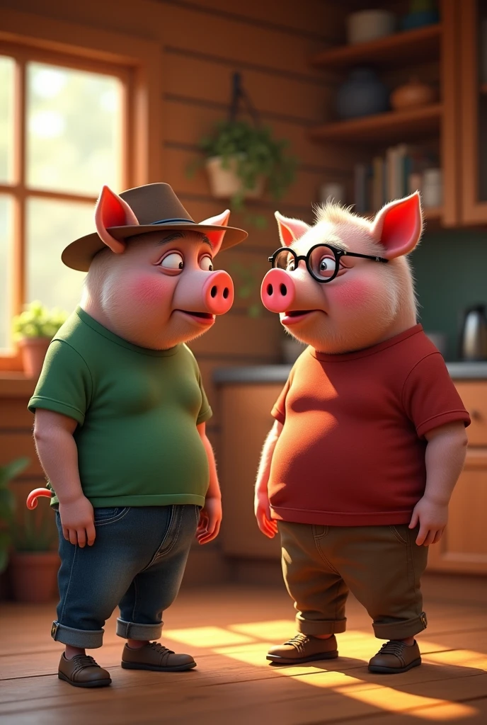 A cool modern adult pig green t-shirt jeans brown hat scared , talking to brother another adult pig red shirt brown pants glasses intellectual inside a wooden house .