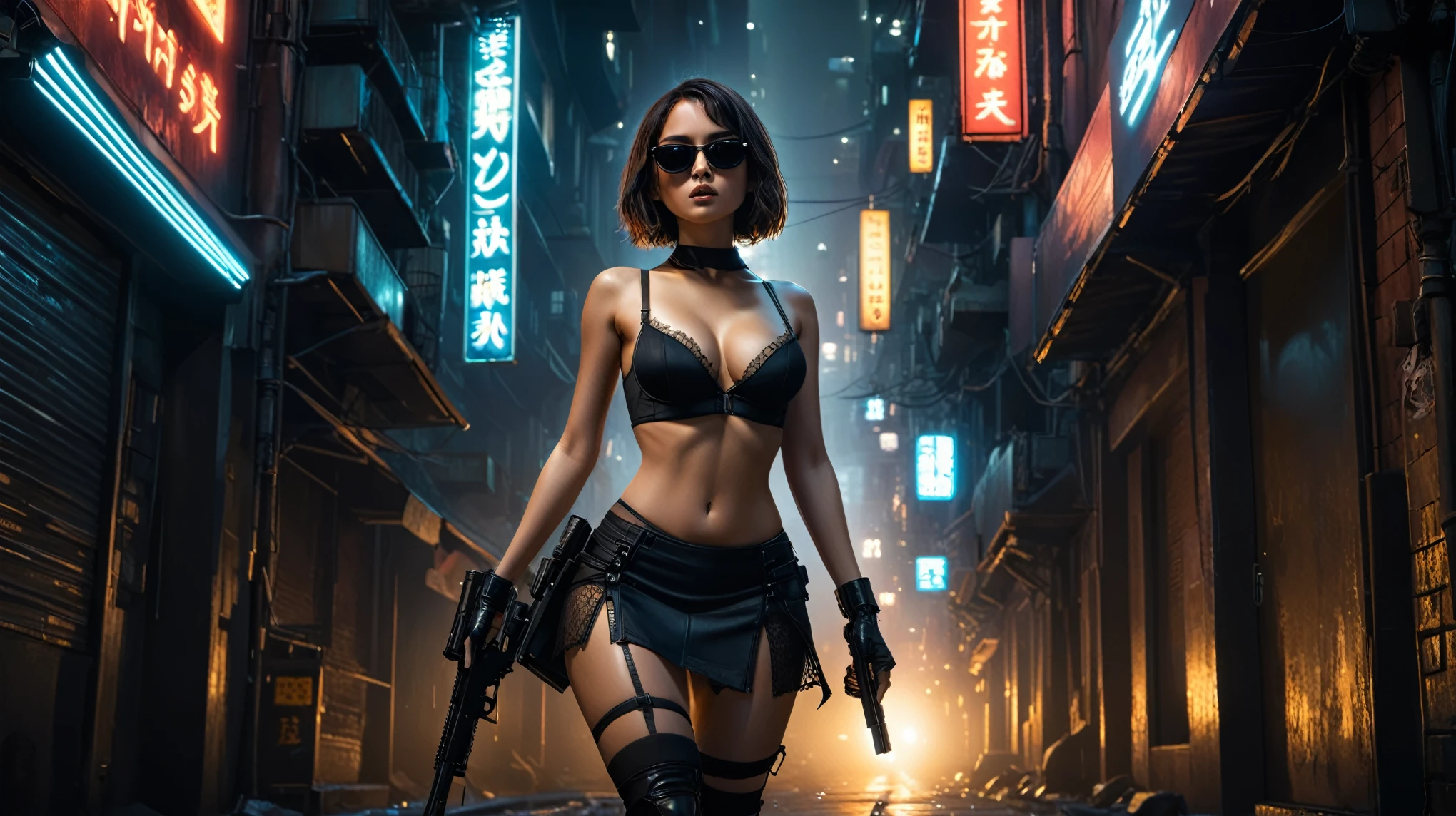 Blade Runner inspired surreal dark cyberpunk city alley as background, (low angle view), at dark night. (1girl, solo, alone), medium-breast slim:0.6 body, oval:0.5 face, cleavage:1.1, sexy black laced bra, miniskirt, white laced panty, coat, (black micro sunglasses), (holding a short gun), (slightly leaning forward running pose), half-body thigh level medium shot, cinematic lighting, ray tracing.