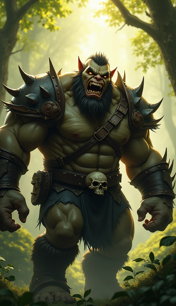 close up:1.3, (work of art:1.5),(best qualityer:1.6), (ultra high resolution:1.4), ((1 ogre alone, Strong and sturdy, dynamic pose, with shoulder pads and leather bones, large, sharp fangs, leather belt with skull:1.5)) , g-string, detailed illustration, intrikate, idyllic, magical elves in the forest:1.5, paisaje, Vibrant colors, rise sun, rayos de sol pasando a través de los Trees, leaves falling from the Trees, dew on leaves and plants, clouds, (( magical, comely, de outro mundo, Trees:1.4 )), (( best qualityer, Vibrant, 32 mil, clearing, well-defined shadows)).(best qualityer,4K,8k,high resolution,work of art:1.2),ultra detaild,(Realist,fotorRealista,foto-Realista:1.37),very highly detailed face,extremely detailed facial features,textura de pele hiperRealista,extremely fine details,detalles intrikates,detailedeyes,detailed nose,detailed lips,Detailed facial expressions,complex facial anatomy,intense lighting,dramatic lighting,Lighting change,cinematic lighting,iluminação clearing-escuro,dramatic shadows,Dramatic moments,bright coloured,intense colors,deep contrast,Cinematic depth of field,film composition,Cinematic Camera Angle