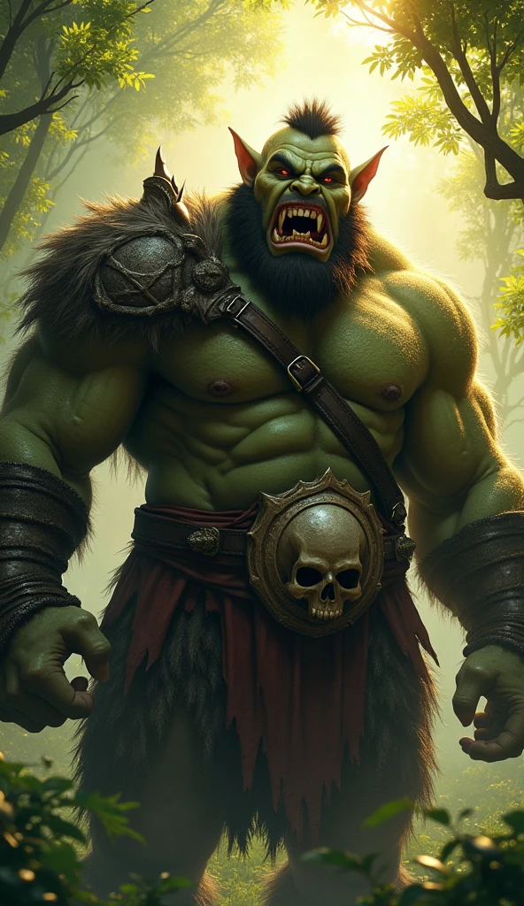 close up:1.3, (work of art:1.5),(best qualityer:1.6), (ultra high resolution:1.4), ((1 ogre alone, Strong and sturdy, dynamic pose, with shoulder pads and leather bones, large, sharp fangs, leather belt with skull:1.5)) , g-string, detailed illustration, intrikate, idyllic, magical elves in the forest:1.5, paisaje, Vibrant colors, rise sun, rayos de sol pasando a través de los Trees, leaves falling from the Trees, dew on leaves and plants, clouds, (( magical, comely, de outro mundo, Trees:1.4 )), (( best qualityer, Vibrant, 32 mil, clearing, well-defined shadows)).(best qualityer,4K,8k,high resolution,work of art:1.2),ultra detaild,(Realist,fotorRealista,foto-Realista:1.37),very highly detailed face,extremely detailed facial features,textura de pele hiperRealista,extremely fine details,detalles intrikates,detailedeyes,detailed nose,detailed lips,Detailed facial expressions,complex facial anatomy,intense lighting,dramatic lighting,Lighting change,cinematic lighting,iluminação clearing-escuro,dramatic shadows,Dramatic moments,bright coloured,intense colors,deep contrast,Cinematic depth of field,film composition,Cinematic Camera Angle