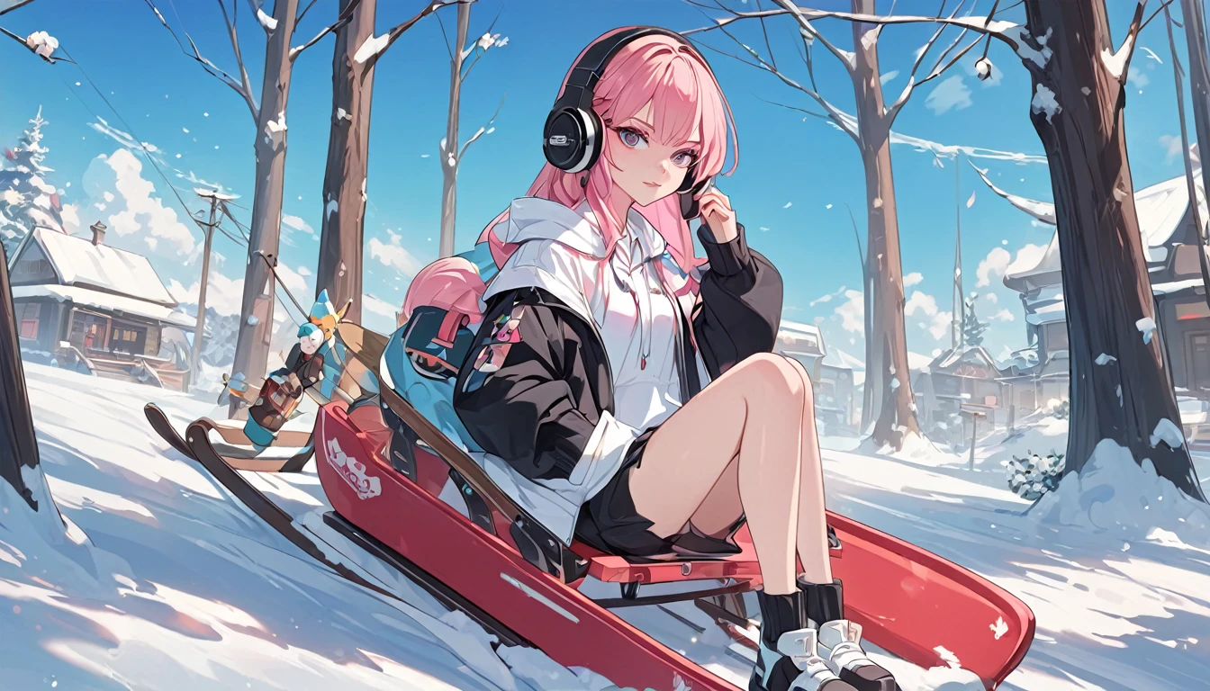 anime girl with pink hair wearing headphones and looking at a sled, anime styling 4 k, non-style artwork by guweiz, 8K anime art wallpaper, 4k anime art wallpaper, 4K anime art wallpaper, lofi portoRait, lofi girl, anime styling. 8k, melhor anime wallpaper 4k konachan, anime wallpaper 4k