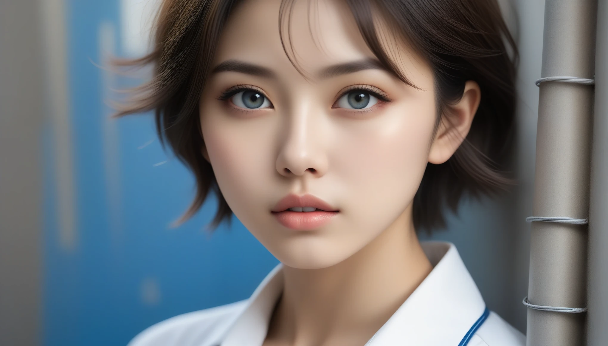 8k, Ultra-high resolution, Highest quality, masterpiece, 三分割法によるphotograph,Surreal, photograph, 1 , (:1.3), cute, cute顔, 細部までBeautiful Eyes, 細かくdetailedに,masterpiece,One Girl:1.2,Japanese women,student,cowboy shot,glaring,Black short hair,messy hair,(Dirty uniform:1.3),Leaning against the wire mesh,Glare,Blue Collar,Factory wall,(Beautiful attention to detail),Subtle details, detailedな顔,anger,Attractive eyes,(ポートレートphotograph:1.4),(Photorealistic images:1.4),Fantasy art,(Beautiful Face:1.4),美しくAttractive eyes、Beautiful Eyes、Grayscale 16Bits,(Tight waist:1.4)、(Beautiful with perfect body proportions:1.4),Pink Lips,Looking at the audience,(((Ideal body type))),A-cup small breasts :2,、Portraiture:2、Perfect Anatomy、鮮明なdetailed、detailed,Fashion magazine cover,Thin lips,完璧でBeautiful Face ,完璧でcute顔, Skin with attention to detail, Perfect limbs、Narrow waist,Surreal,Light and shadow,backlighting