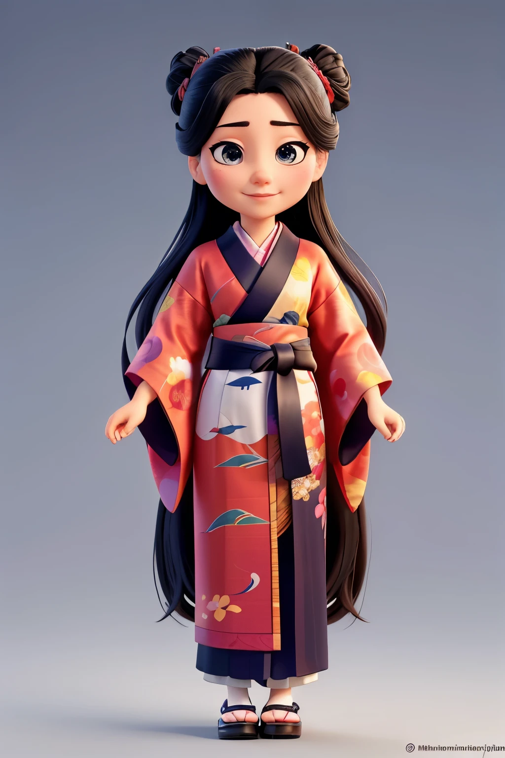 A detailed illustration of several identical (((Japanese girls wearing traditional kimonos, with long black hair in buns, extremly pulled black eyes, heart-shaped mouths, and Japanese flipflops, saying hello))) against a plain white background, (best quality,4k,8k,highres,masterpiece:1.2),ultra-detailed,(realistic,photorealistic,photo-realistic:1.37),vibrant colors,dramatic lighting,highly detailed facial features,intricate kimono patterns,graceful poses,elegant hairstyles,traditional Japanese aesthetic