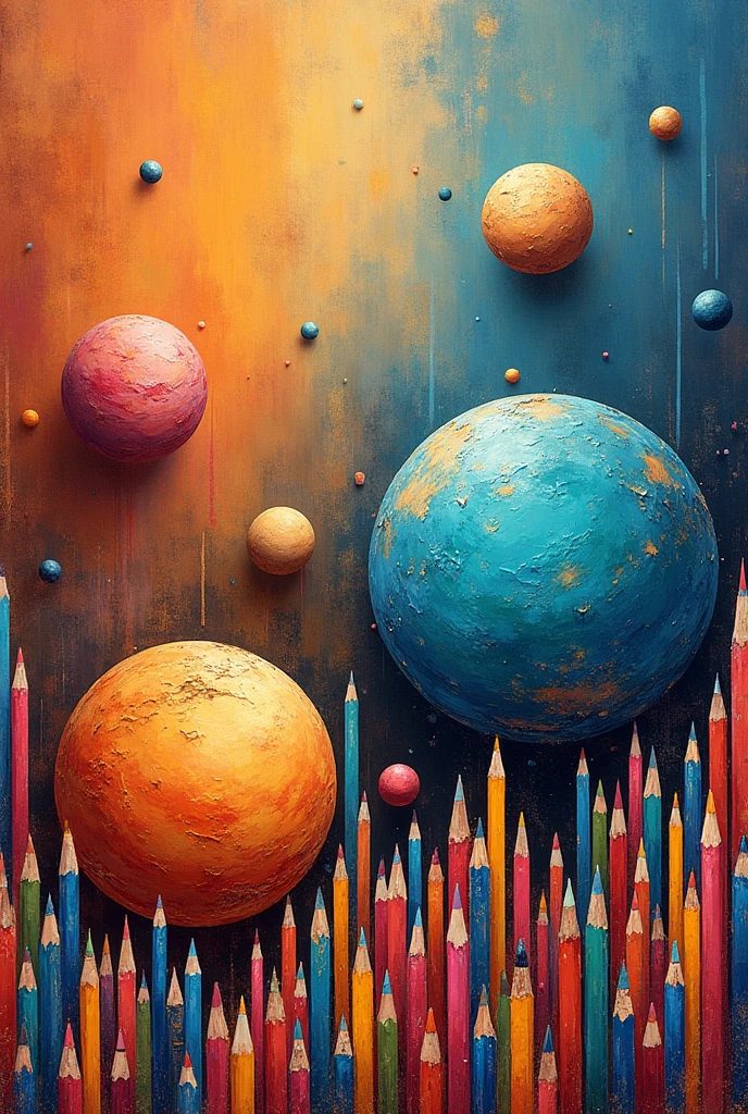 Planets background , with pencils and crayons everywhere , with warm tones and shades drawn in crayon