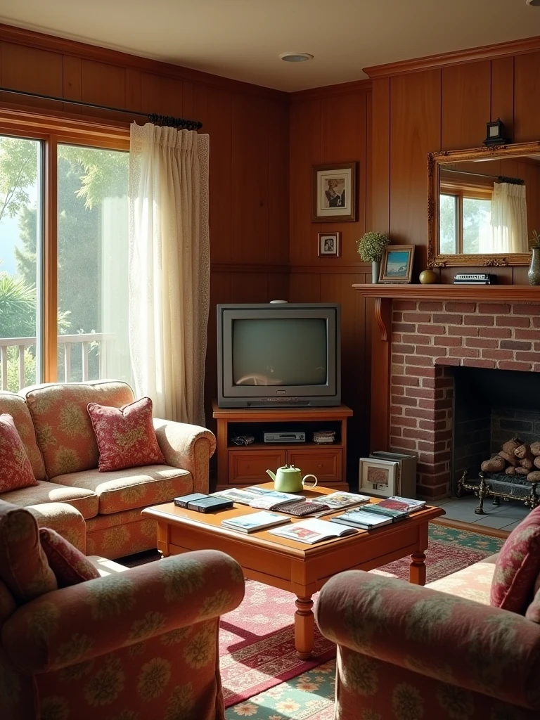 The interior of a 1980s suburban home in Los Angeles, perfect for a sitcom setting. The living room is the heart of the house, featuring wood-paneled walls, a large brick fireplace, and a plush, floral-patterned sofa set. A vintage tube TV sits on a wooden console, surrounded by VHS tapes and a few family photos in mismatched frames. The coffee table is cluttered with magazines, a rotary phone, and a remote. The kitchen, just off the living room, is a blend of retro charm and functionality with colorful linoleum flooring, wooden cabinets with brass handles, and harvest gold appliances. A round dining table with cushioned chairs sits near the window, where a set of sheer, lace curtains allows sunlight to filter in. The walls are decorated with a mix of floral and geometric-patterned wallpapers, adding a touch of the era’s bold style. The hallway leads to bedrooms with plush carpeting, featuring more wood accents, such as a full-length mirror with a wooden frame and family portraits lining the walls. The overall atmosphere is cozy and lived-in, with a sense of warmth and nostalgia, making it the perfect setting for the daily life of a sitcom family.