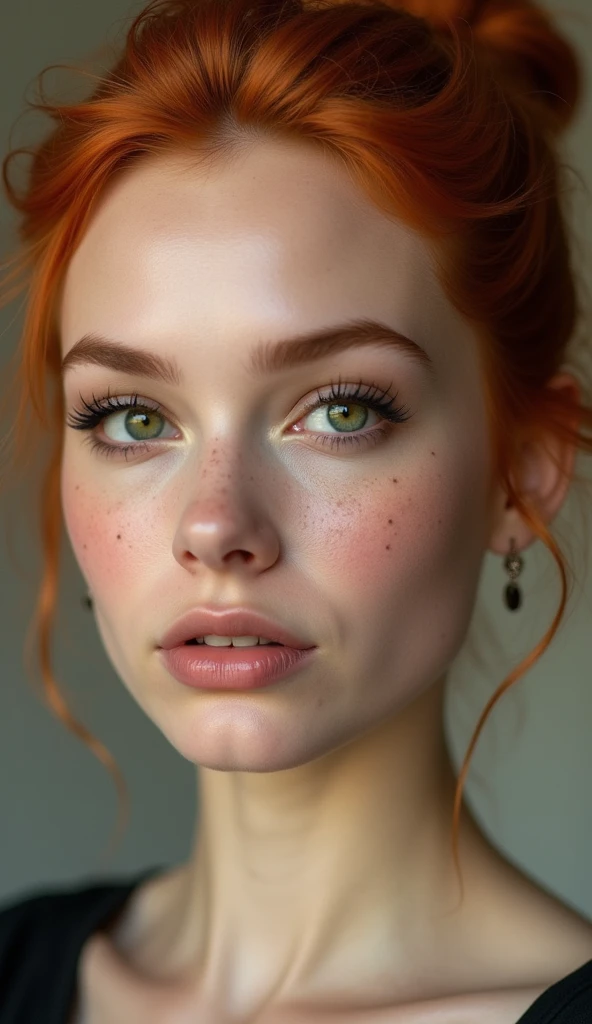 - The picture shows the face of a woman with red hair.
- The woman's face shows small sparrow spots.
- Woman's eyes are green and large with long eyelashes
- Woman's hair is red-orange, voluminous, and in an updo
- Female's lips are thick and pink
- The woman's skin is white and looks healthy
- The woman is looking straight at the camera.
- Woman's expression is straight and a little serious