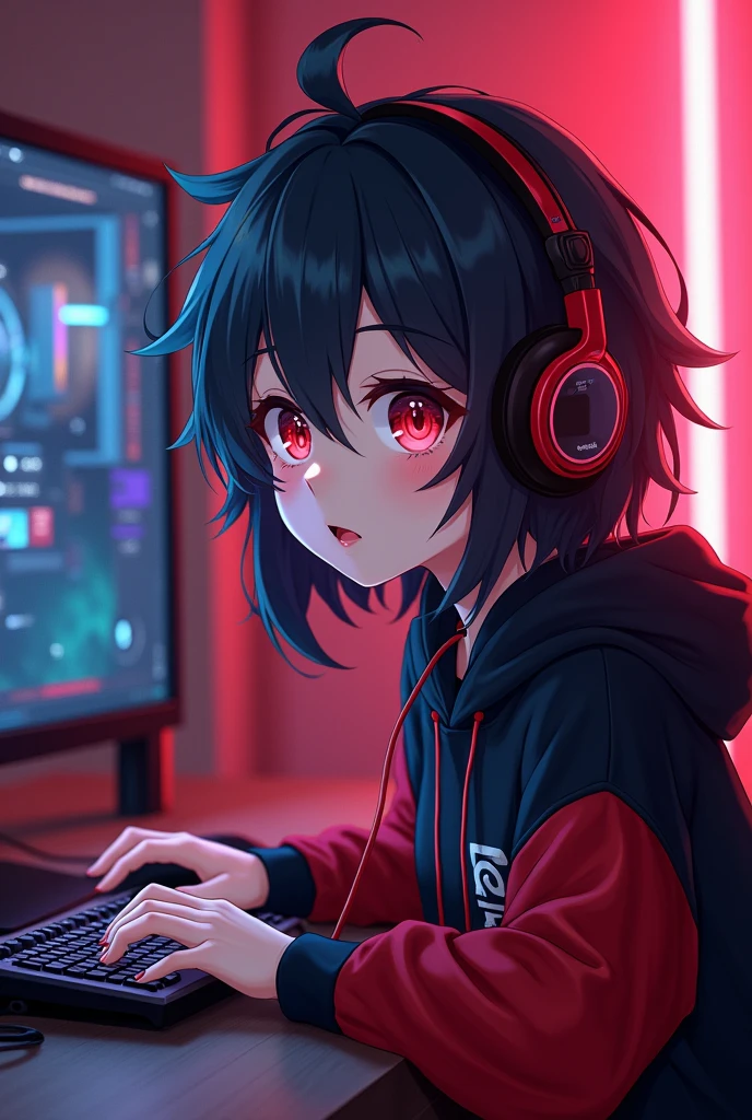 Light skin anime girl, crimson red eyes, messy black and red hair, with a smile, a black and red sweatshirt, gaming headsets and playing on your gaming PC